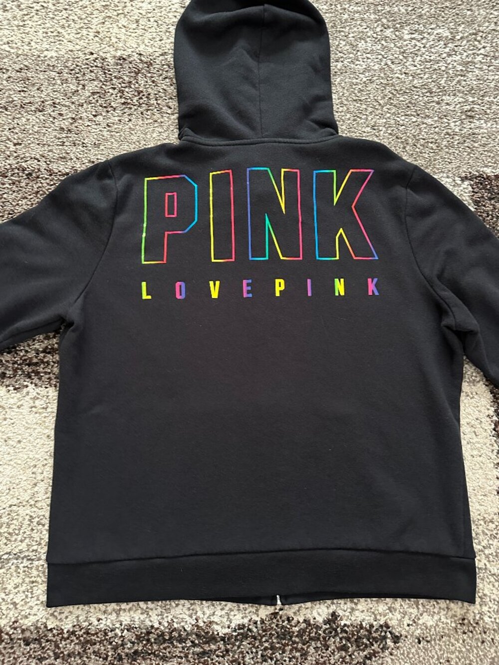 PINK VICTORIA'S SECRET (XL) Black Rainbow Metallic Full Zip Hoodie Sweatshirt